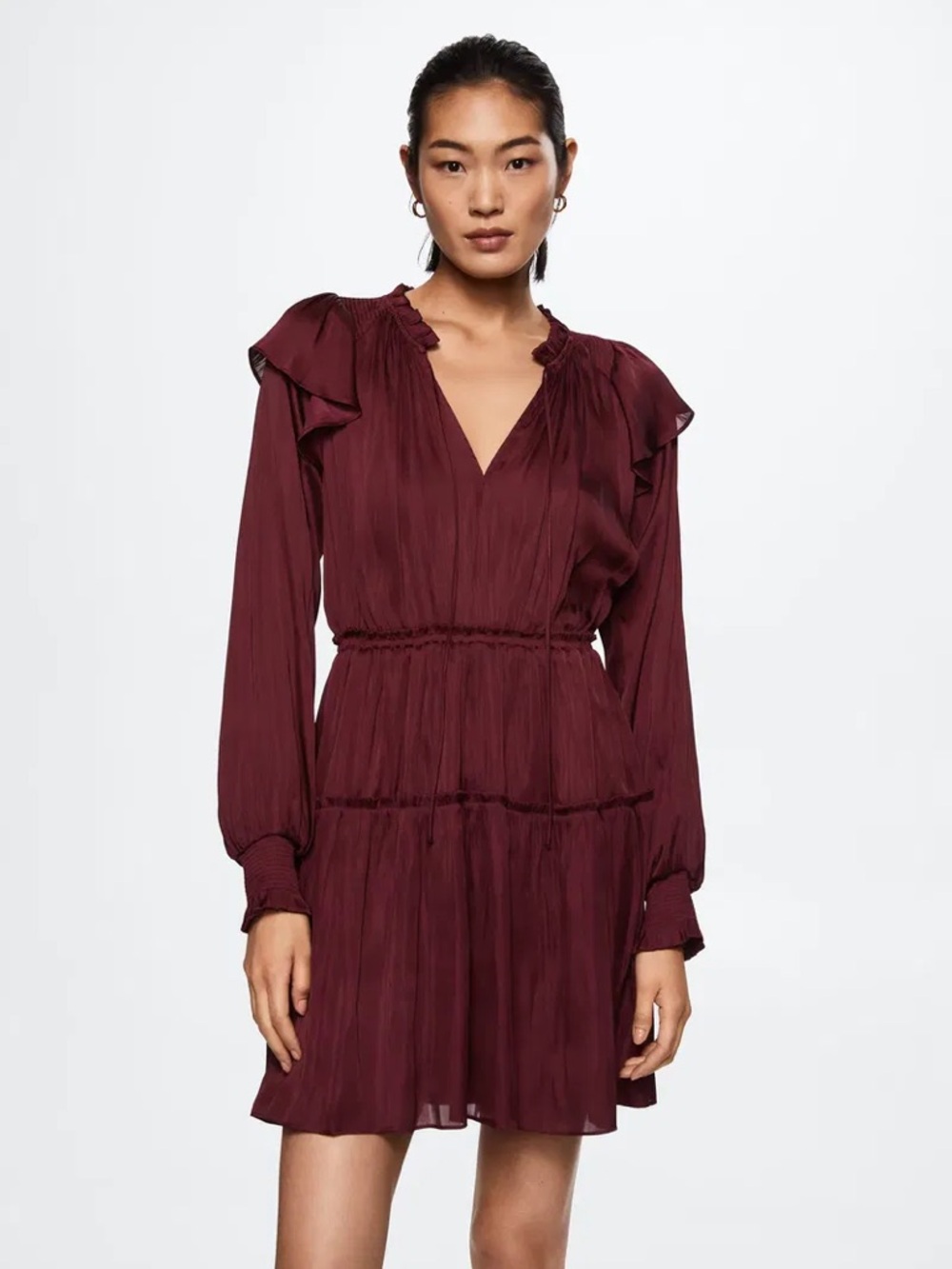 Mango Wine Long Sleeve Tiered V-Neck Dress
